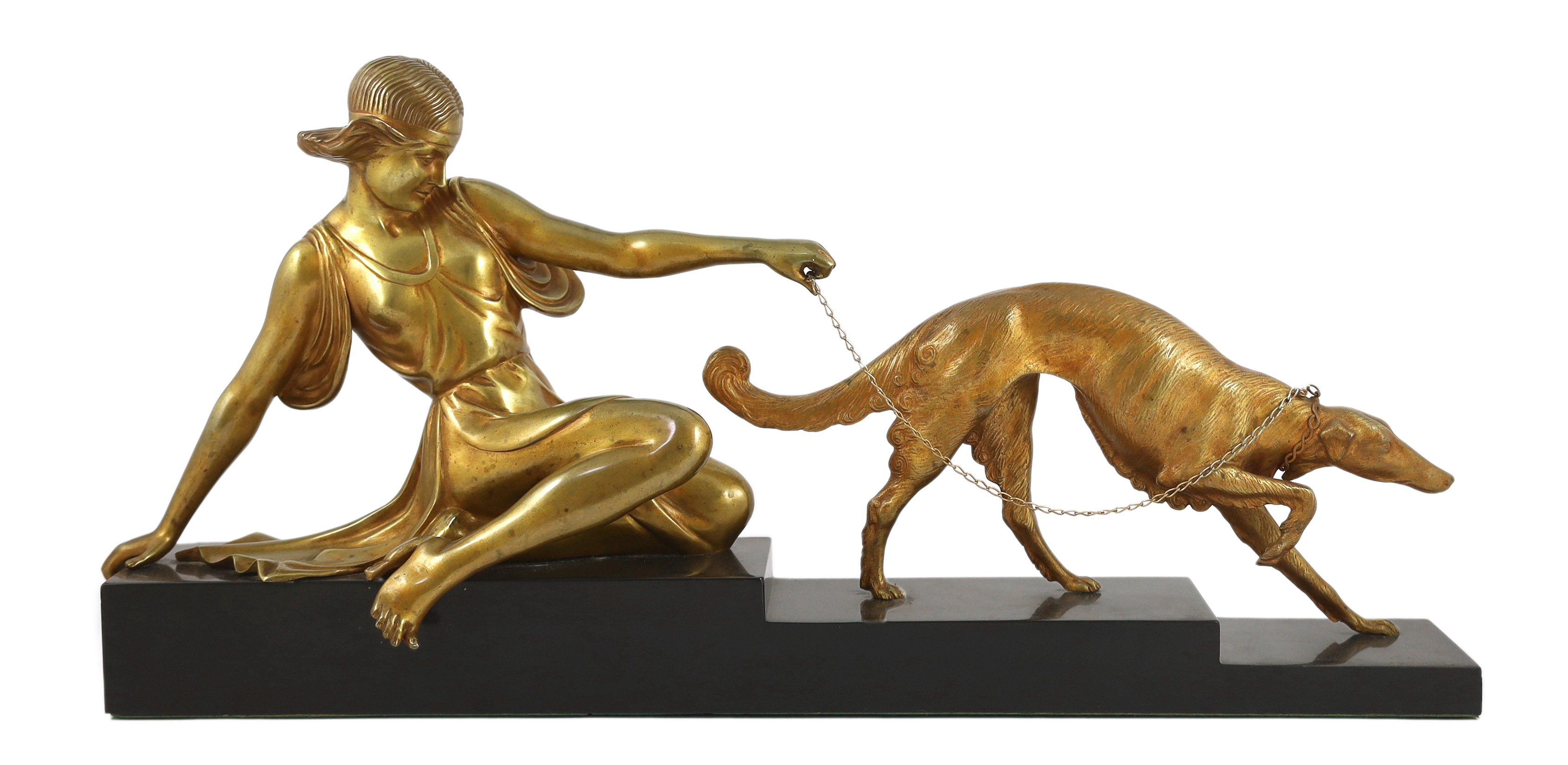 Armand Godard (1824-1887). A French Art Deco bronze group of a seated maiden with a borzoi upon a leash, 78cm long, 12.5cm deep, 36cm high